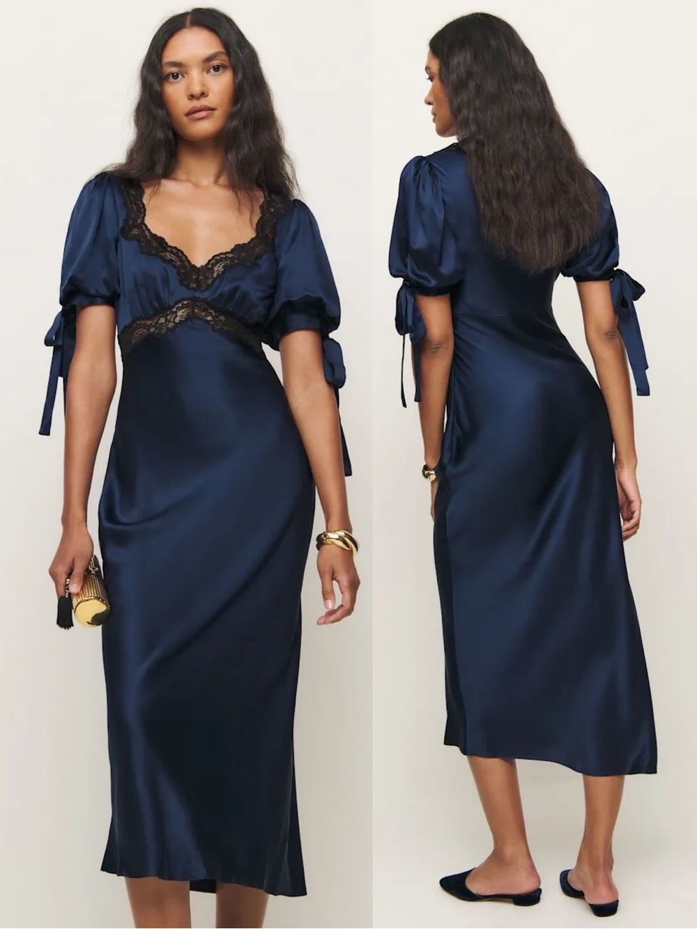 Reformation x Stacey Musgraves Stella Lace Trimmed Silk Dress Navy NEW with tag